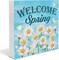 Spring Decor Welcome Spring Daisy Wooden Sign, Farmhouse Spring Desk Decorations Wood Plaque Block Sign Rustic Home Decor 5 x 5 Inches